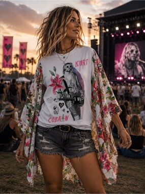KURT COBAIN Custom Upcycled Graphic Tee Poncho Kimono Sleeves OSFM OOAK BOHO
